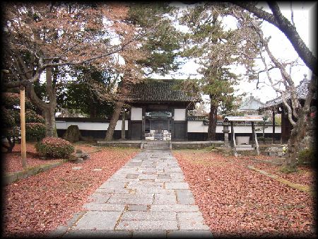 松音寺参道石畳みから見た山門と落ち葉の絨毯