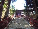 伊達綱村と縁がある諏訪神社参道石段から見上げた神社山門（長床）